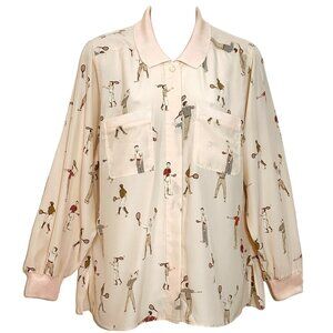 VINTAGE DUPRE PEACH POLYESTER  Retro TENNIS PRINT TOP M/L